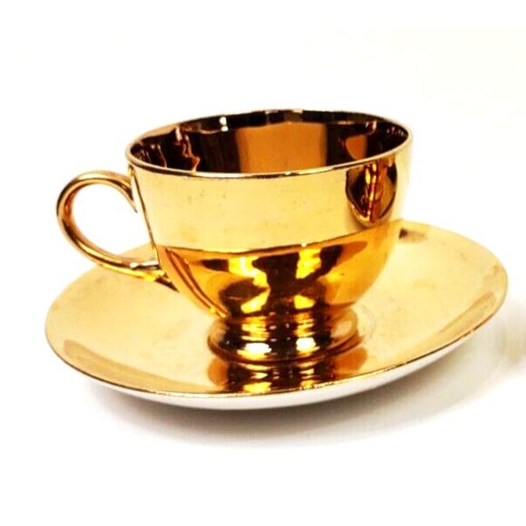 Antique Geo. H. Bowman & Son Gold Tea Cup Saucer 1920-40's Eggshell USA - Picture 1 of 8